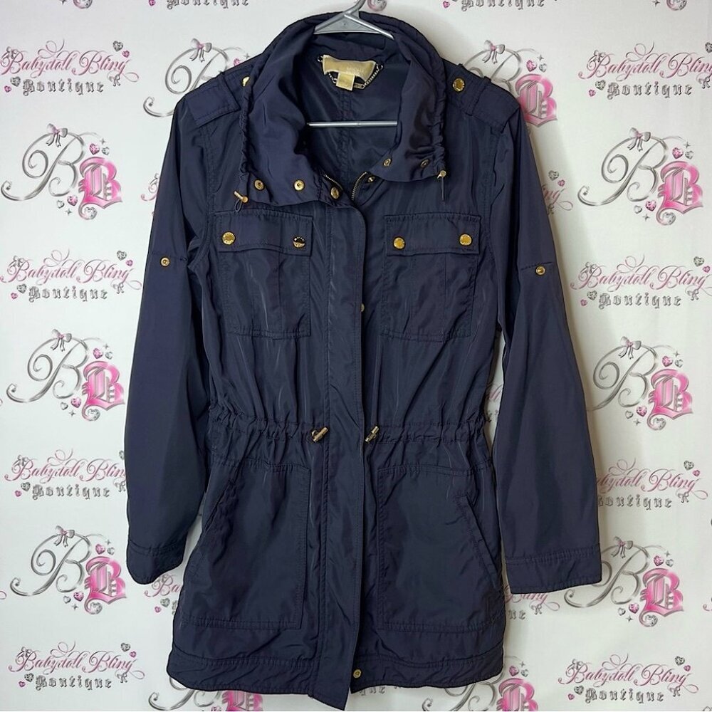 Michael Kors Charcoal Utility Jacket with Gold Accents coat zip up tie waist